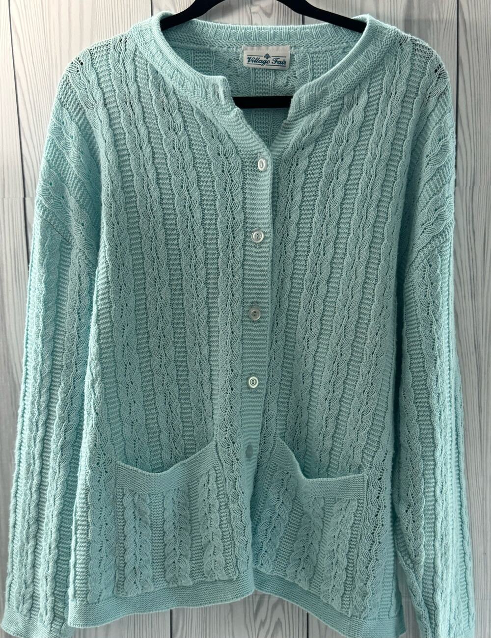 Vintage Light Green Village Fair Knit Cardigan Cottage Grandma Size L/XL